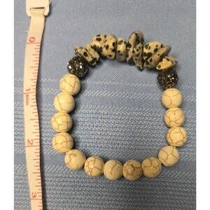 Cream Crackle Bead Stretch Bracelet with Black Spotted Accent Beads
